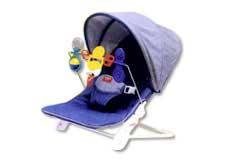 blue baby bouncer with canopy and toys